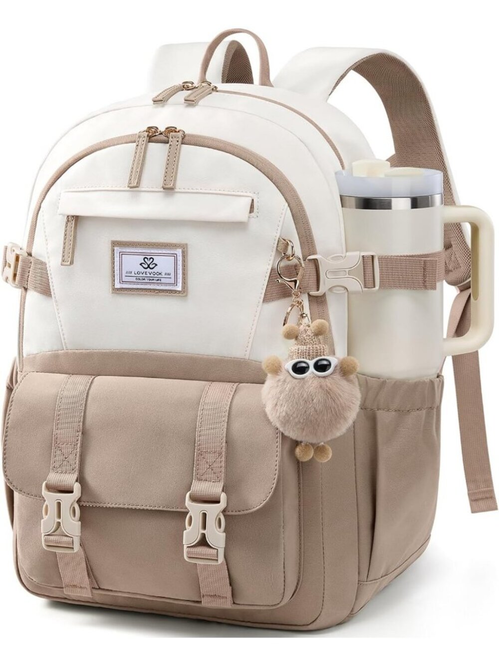 Stylish Khaki Beige School Backpack for Teen Girls - 15.6" Bookbag for Middle